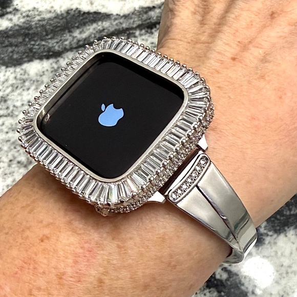 2 pc Apple Watch set white gold lab diamond case and crystal band classy bling - Picture 4 of 11